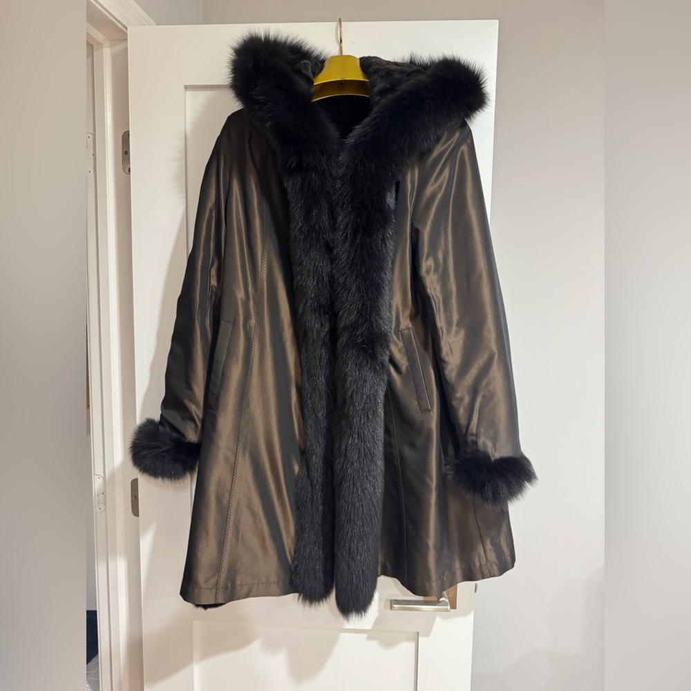 MACY’S FUR VAULT REVERSIBLE REAL MINK FOX COAT FUR SIZE L LARGE HOOD - Picture 7 of 16